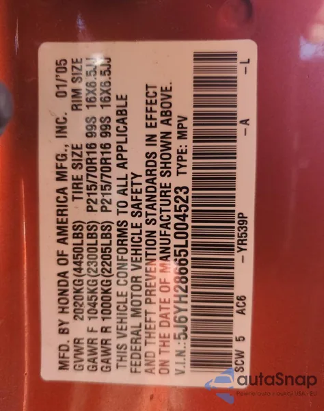 2005 Honda Element Ex from USA, damaged, VIN 5J6YH28665L004523